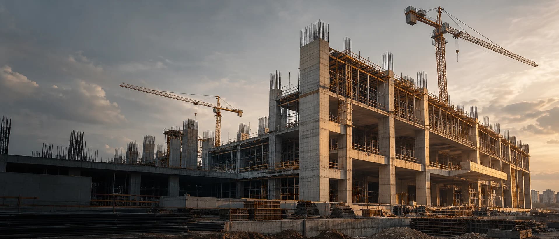 Illustrative construction photograph of an RCC building and tower cranes