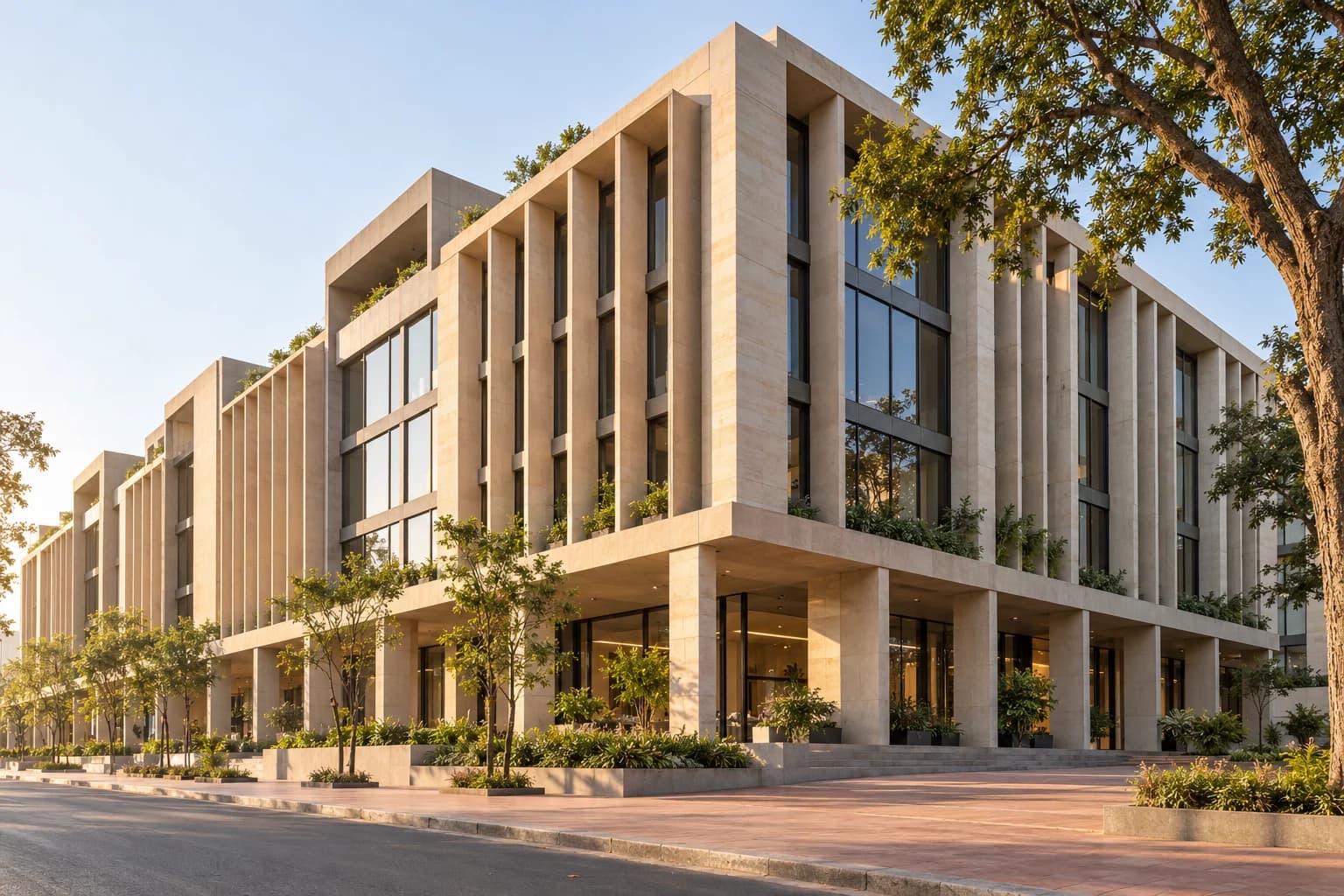 Illustrative contemporary building with a detailed stone elevation