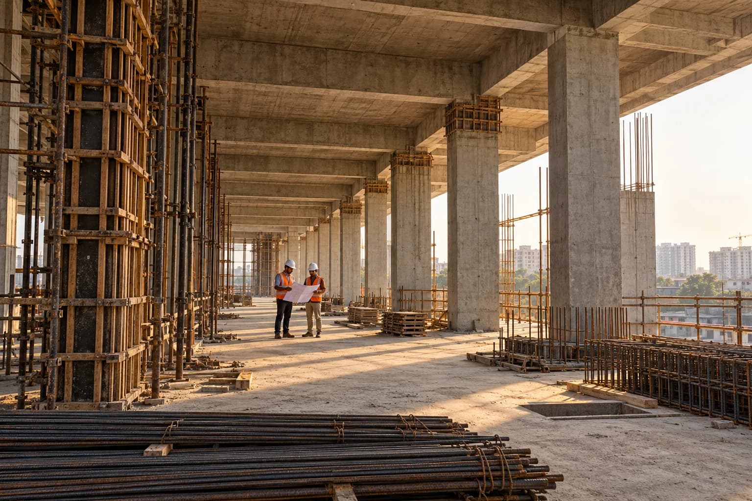 Illustrative engineers reviewing plans inside an RCC construction site